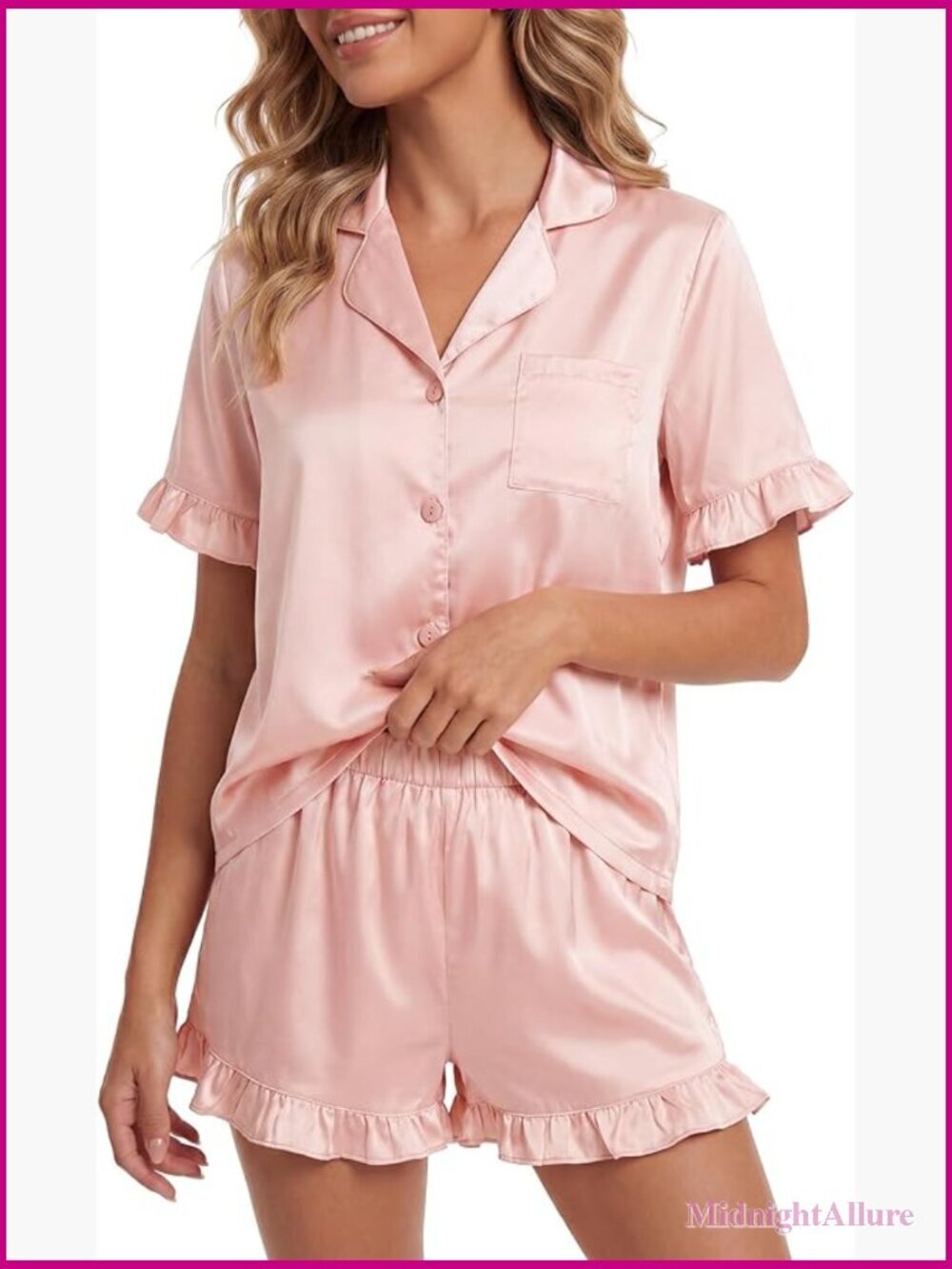 Satin 2 Piece Pajama Set - Short Sleeve Button Down with Shorts
